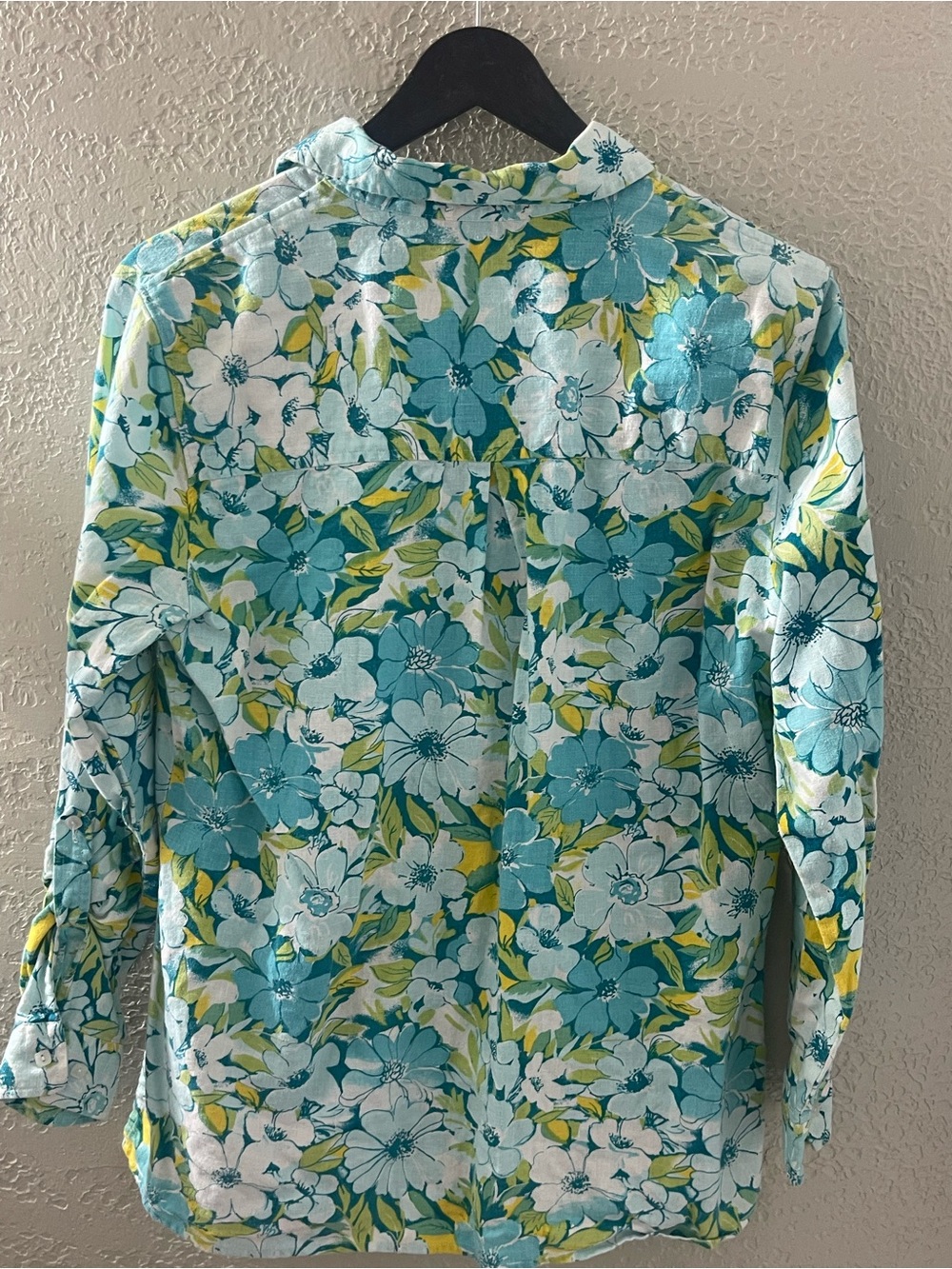 Kim Rogers Casual Aqua and Yellow Floral Linen Shirt Small Adjustable Sleeves - Picture 6 of 7